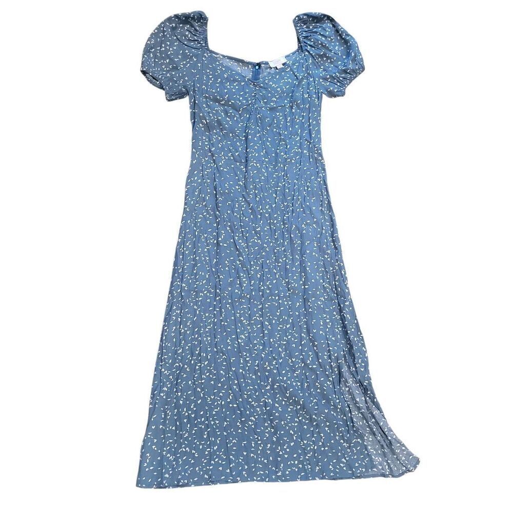 NWT Loft Dress Women's 2 Green Teal Leaf Print Midi Slit Sweetheart Puff Sleeve